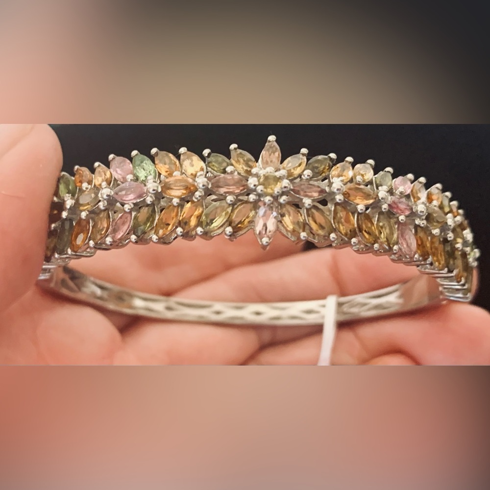 Multi-Tourmaline Bangle Bracelet in Platinum Over Sterling Silver 6.50 In NWT